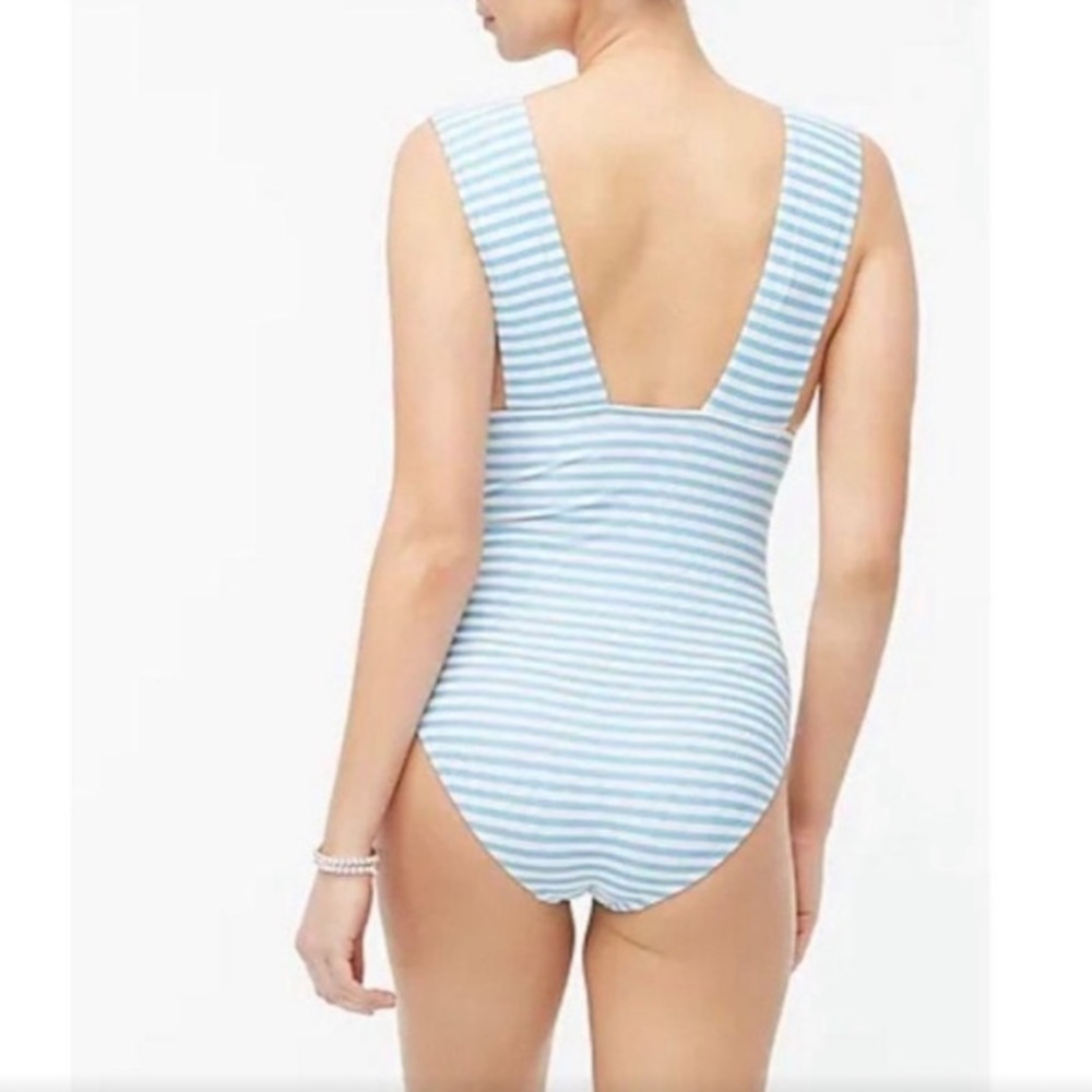 J. Crew One Piece Swimsuit Blue Stripe Plunge V-Neck Size Large - Picture 3 of 9
